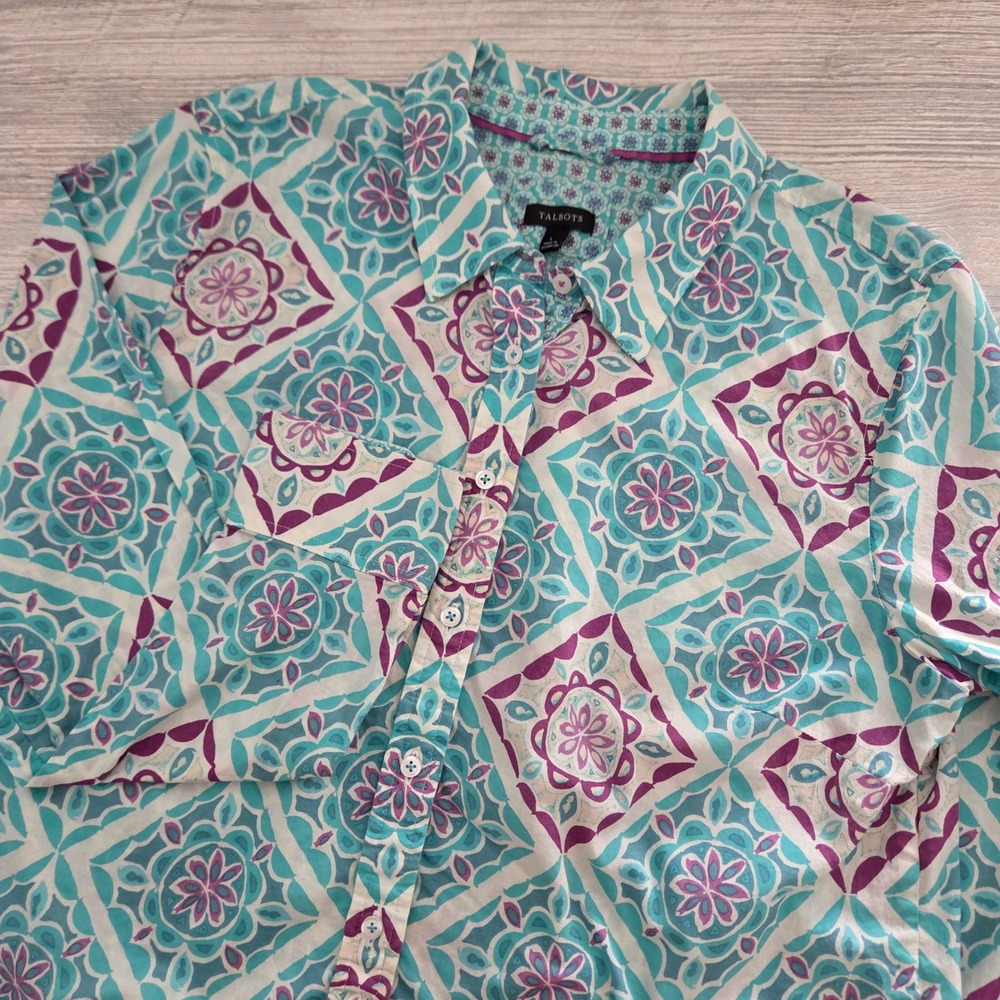Talbots Button Down Shirt Turquoise Geometric Floral Medallion Womens Large